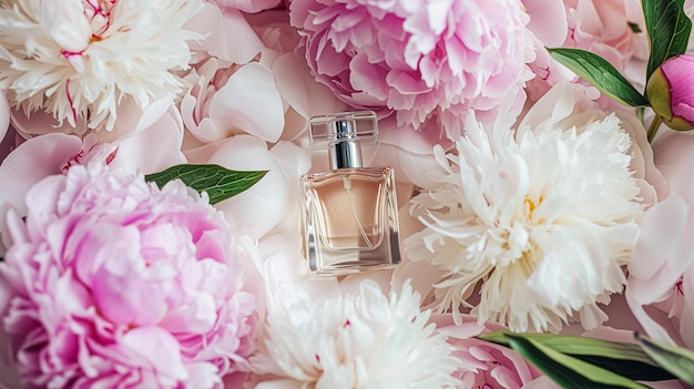 Perfume bottle in flowers fragrance on blooming background floral scent and cosmetic product