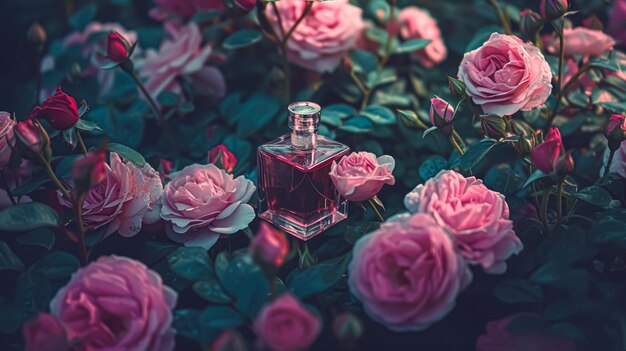 Perfume bottle in flowers fragrance on blooming background floral scent and cosmetic product