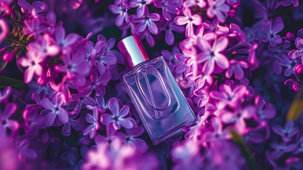 Perfume bottle in flowers fragrance on blooming background floral scent and cosmetic product