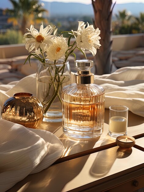 Perfume bottle next to flowers on a table