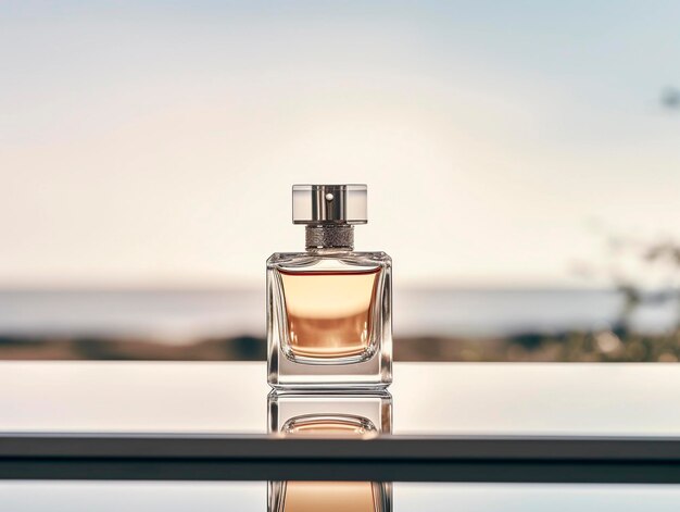 Perfume bottle on a glass table with sea view background