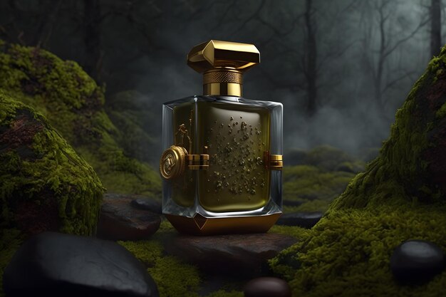 Perfume bottle in a green forest on a mossy substrate Neural network generated art