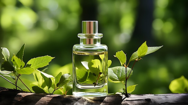 Perfume bottle on green moss in forest Luxury fragrance