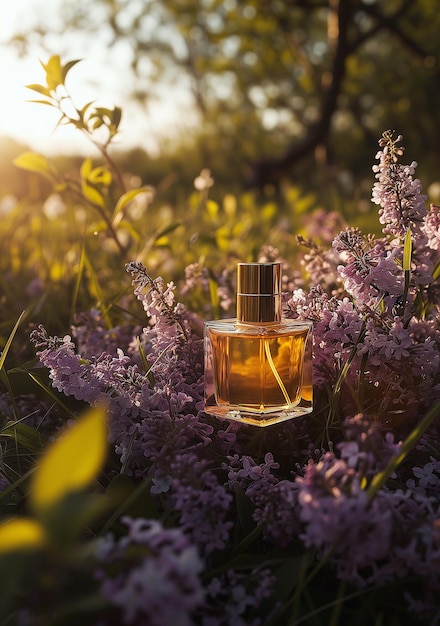 写真 夕暮れの畑で香水の瓶のライラック花束