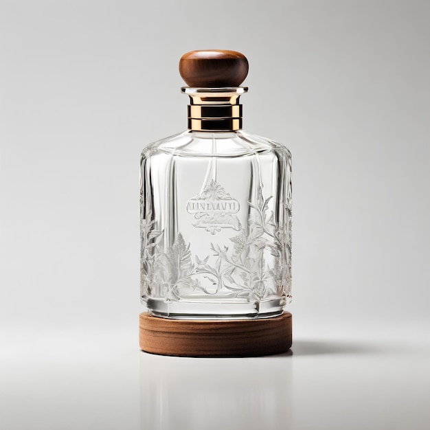 A perfume bottle made of clear glass topped with a wooden lid