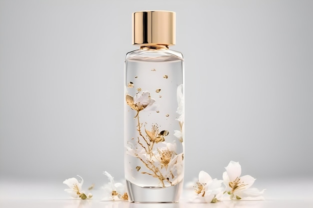 Perfume bottle mockup on light background with flowers Generative AI 1