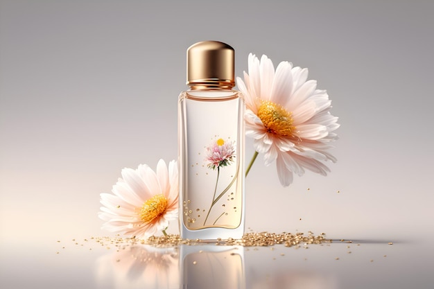 Perfume bottle mockup on light background with flowers Generative AI 3