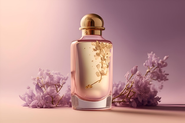 Perfume bottle mockup on pink background with flowers Generative AI 1