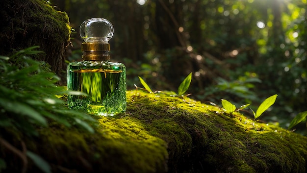 perfume bottle moss background