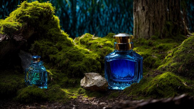 perfume bottle moss background