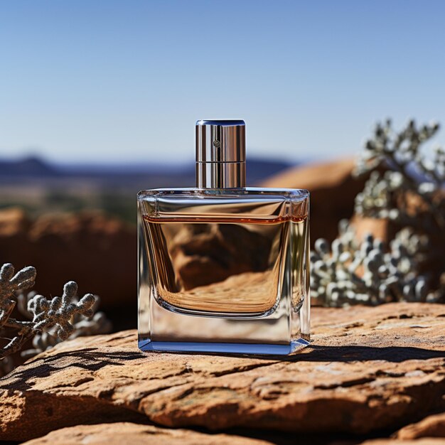 Photo a perfume bottle on the mountain