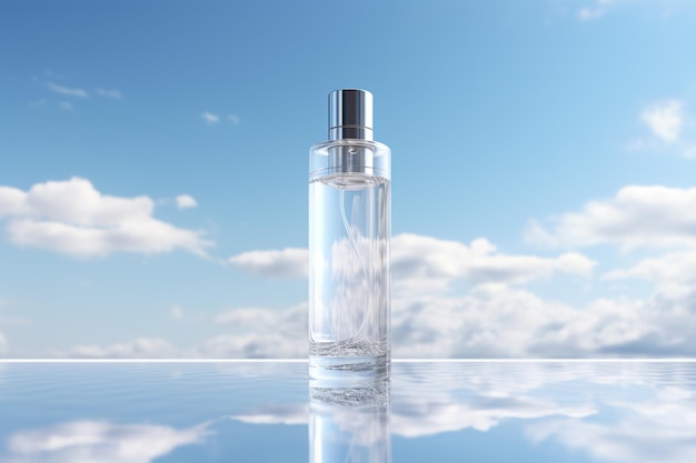 写真 空の背景にエレガントなスタイルの香水瓶またはウイスキー瓶