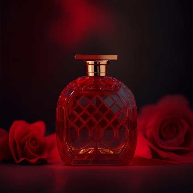 Perfume bottle in red with dark background