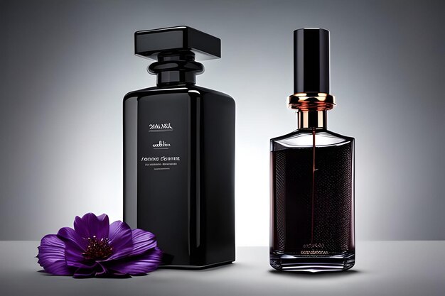 Photo perfume bottle and rose with wave and smoke