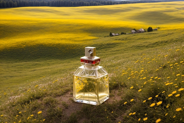 A perfume bottle s spritz transforming into a meadow of wildflowers