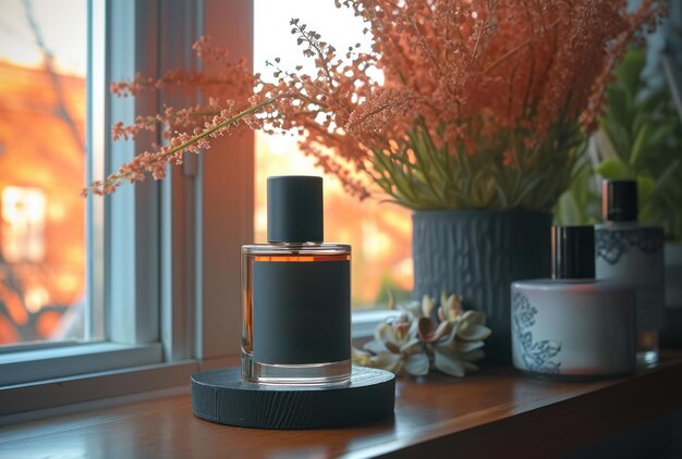 a perfume bottle on a shelf in front of a window