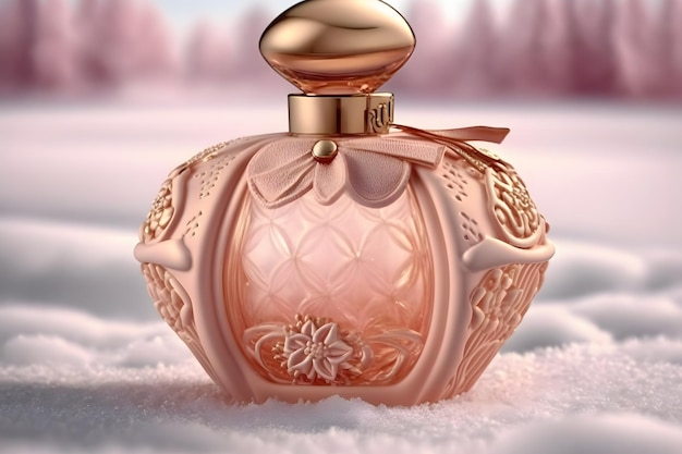 Perfume bottle in the snow winter fresh cold fragrance concept Neural network generated art