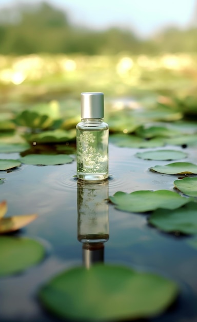 緑の草の背景の上に立つ香水瓶 天然素材のトレンドコンセプト