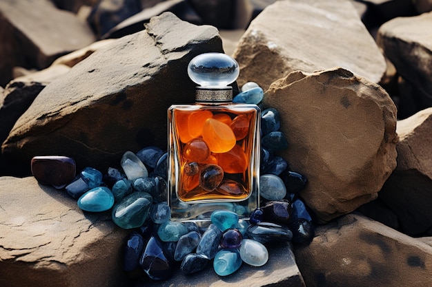 Perfume bottle on stones