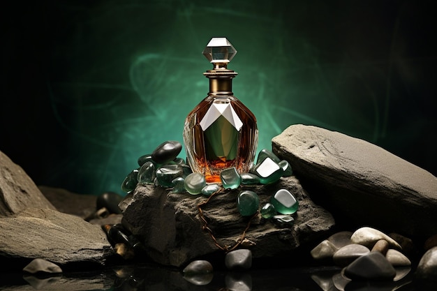 Perfume bottle on stones