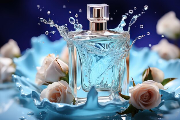 Perfume Bottle Submerged in Water with Blue and Celeste Colors AI Generated