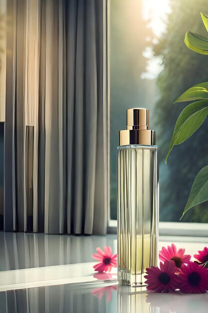 Perfume bottle on table in modern bathroom with tropical plants