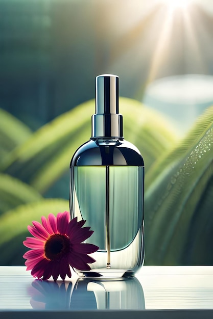 Perfume bottle on table in modern bathroom with tropical plants