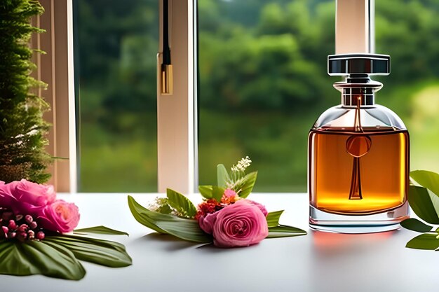 Perfume bottle on table in modern bathroom with tropical plants