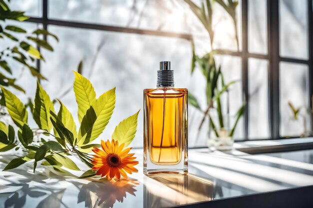 Perfume bottle on table in modern bathroom with tropical plants