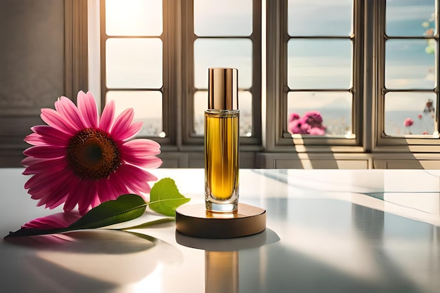 Perfume bottle on table in modern bathroom with tropical plants