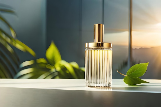 Perfume bottle on table in modern bathroom with tropical plants