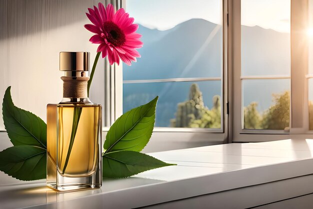 Perfume bottle on table in modern bathroom with tropical plants