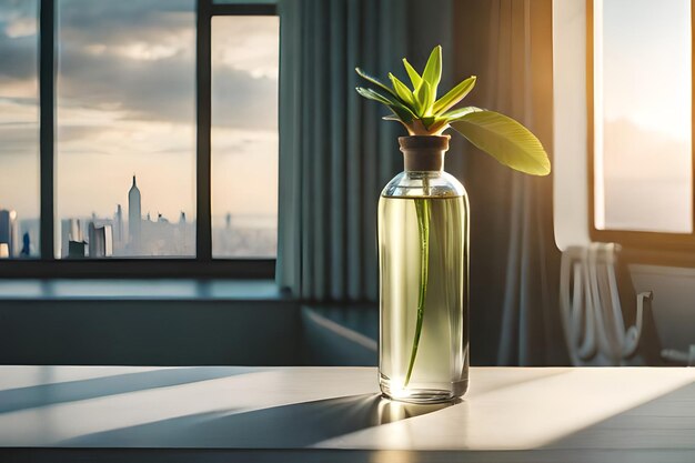 Perfume bottle on table in modern bathroom with tropical plants