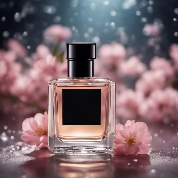 Perfume bottle on a table with flowers