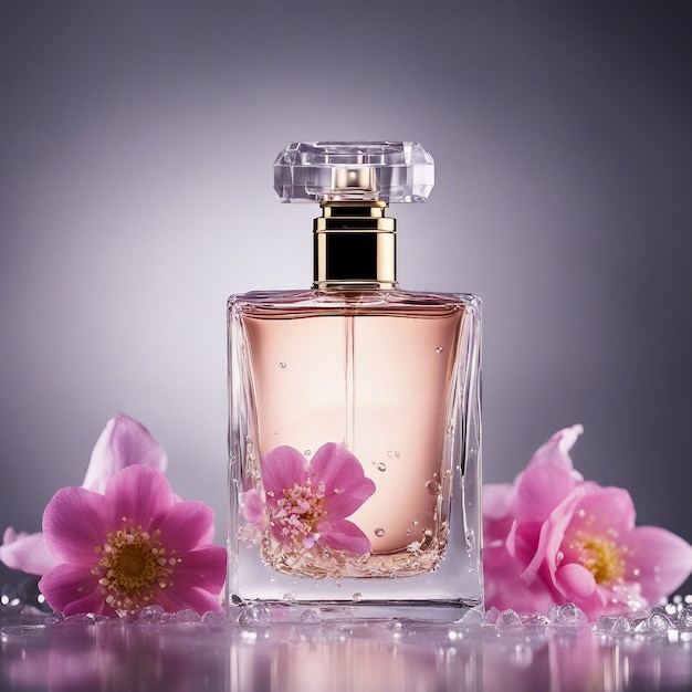 perfume bottle on a table with flowers