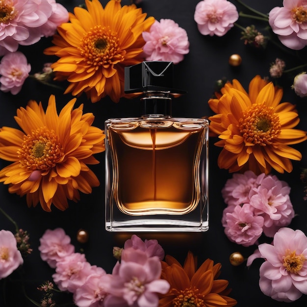 Perfume bottle on a table with flowers