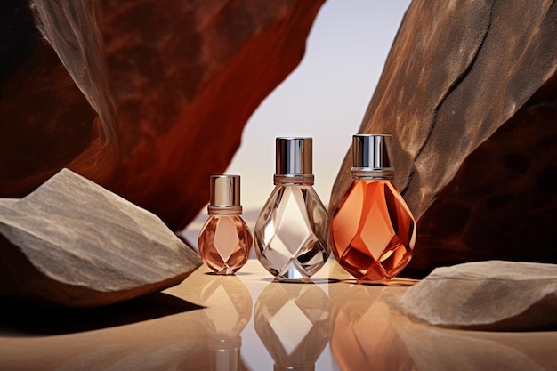 Perfume bottle or whiskey bottle in elegant style on the background of rocks