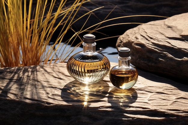 Perfume bottle or whiskey bottle in elegant style on the background of rocks