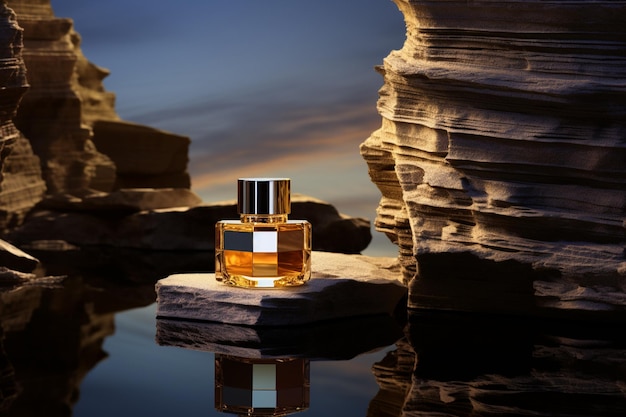 岩の背景にエレガントなスタイルの香水瓶またはウイスキー瓶
