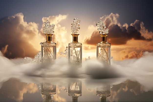 Perfume bottle or whiskey bottle in elegant style on the sky background