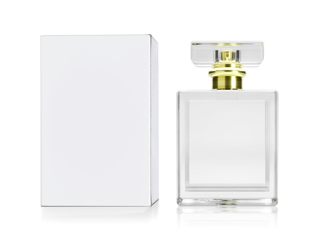 Perfume bottle and white packaging box