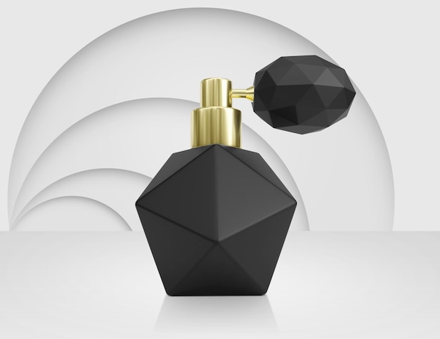 Perfume bottle on a white room with abstract background 3d render