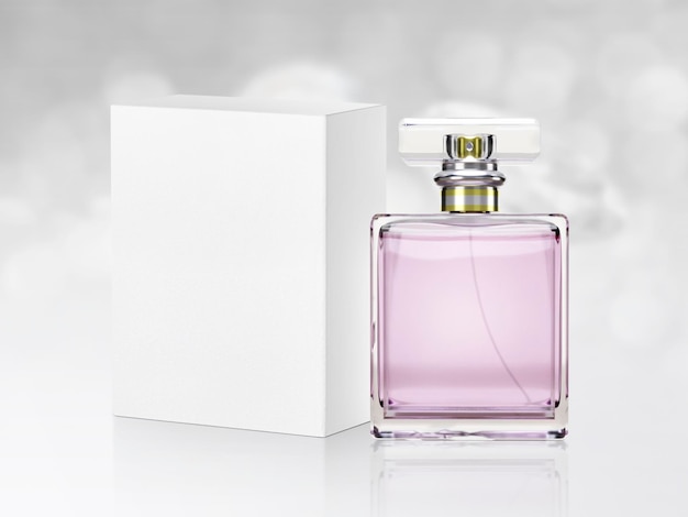 Perfume bottle on white shining bokeh background 3d render