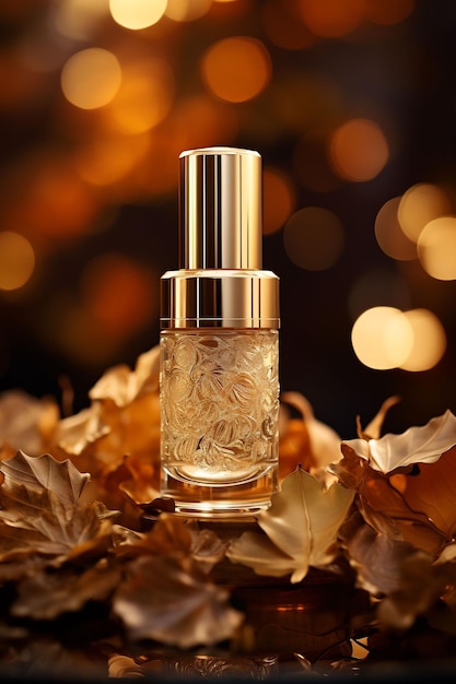 Perfume in a bottle with autumn leaves