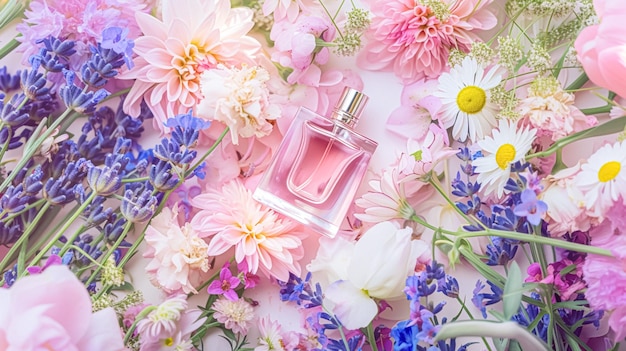 Photo perfume bottle with beautiful flowers beauty concept flat lay top view