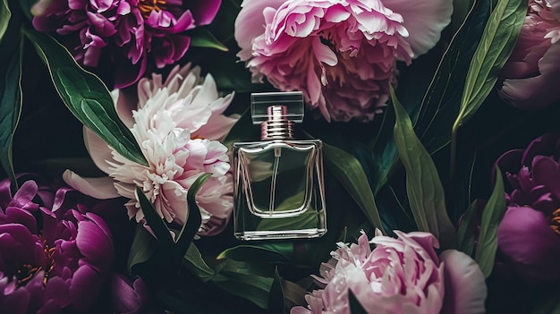 Perfume bottle with beautiful flowers Beauty concept Flat lay top view