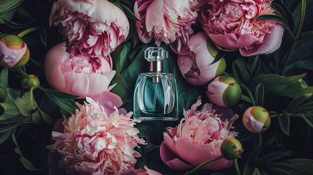 Фото Бутылка с парфюме с красивыми цветами концепция красоты плоский вид сверху