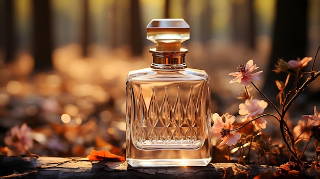 Perfume bottle with daisy flowers in the garden on green moss in the forest