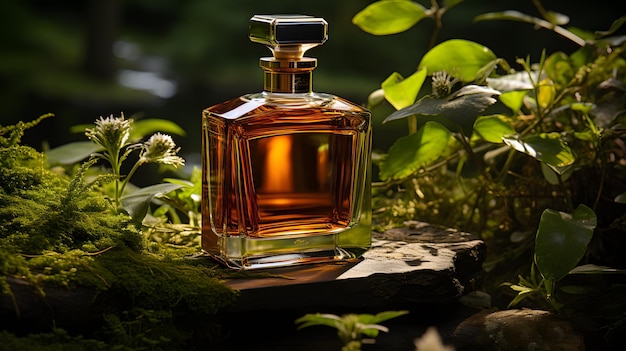 Perfume bottle with daisy flowers in the garden on green moss in the forest