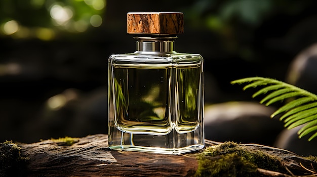 Perfume bottle with daisy flowers in the garden on green moss in the forest